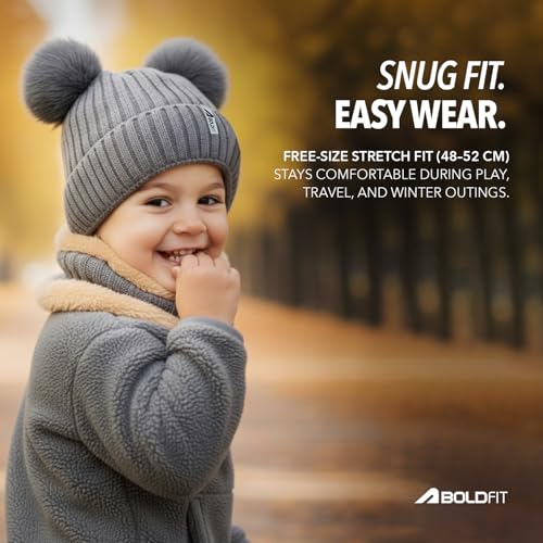 Image of Boldfit Kids Winter Cap with Neck Warmer (1-4 Years) Soft Knit Woollen Skull Cap for Children Warm Beanie for Kids with Full Face Cover Neck Warmer for Outdoor, Ski, Cycling, Cold Weather Protection