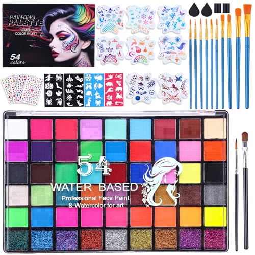 Kit de pintura facial de 54 colores para niños, suministros de pintura facial no tóxicos con plantillas, gemas, pinceles, esponjas, kit de maquillaje activado por agua para Halloween, fiestas