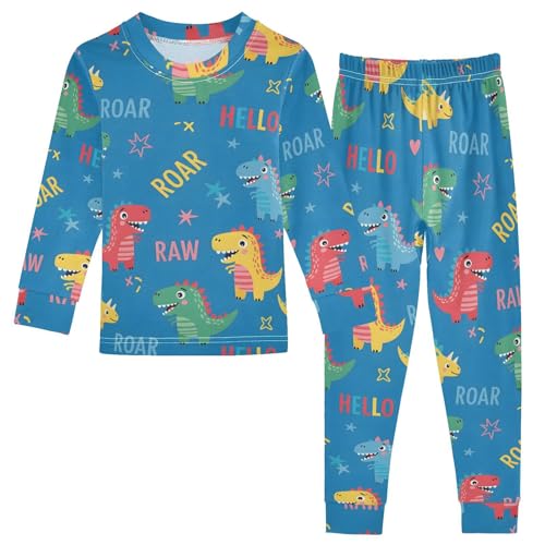 Pajama Sets Long Sleeve Colorful Dinosaurs on Blue Soft Comfy Sleepwear 2 Piece PJS 3-8T