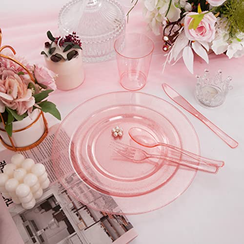 Dayammi 150Pcs Pink Plastic Plates Disposable Pink Dinnerware Set Clear Pink Party Plates With Silver Glitter Design Include 25 Dinner Plates,25 Cake Plates,75Cutlery,25Cup For Birthday Wedding #TOP1