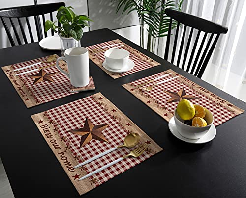 Placemats For Dining Table Set Of 4, Heat-Resistant Non-Slip Washable Table Mat Western Country Texas Star Retro Placemats For Kitchen Banquet Outdoor Weeding Table Decorations Farm Red Grid #TOP2