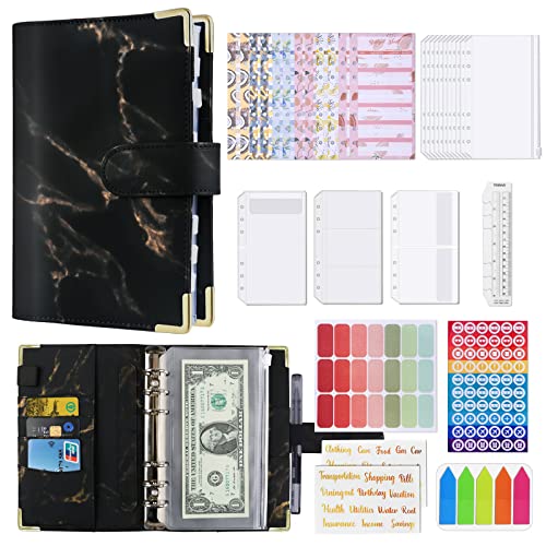 Cuaderno A6, Infankey, 6 agujeros, piel sintética, hojas sueltas, con 13 cubiertas, 12 hojas de presupuesto, dinero y tarjetas bancarias, color negro Cover