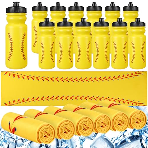 HunnmingRe 24 Pieces Softball Team Gifts Set Include 12 Pcs 20 oz Plastic Softball Water Bottles Bulk 12 Pcs 40"x12" Cooling Towels Sports Accessories for Party Favor Players Lovers Team Gifts