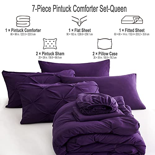Ubauba 7pc Purple Comforter Set Queen Size with Sheets, Pintuck 7 Piece Bedding Comforters Bed in a Bag for All Season, Pinched Pleat Bed Set with Comforter (Purple,Queen) by Ubauba - Used condition - Image 6