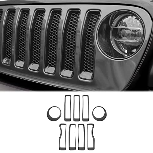 Image of CheroCar for JL Mesh Grille Grill Insert & Headlight Turn Light Cover Trim Exterior Accessories for Jeep Wrangler JL 2018-2023,Carbon Fiber