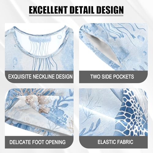 ALAZA Turtle Jellyfish Coral Reef Watercolor Pajamas Set Short Sleeve Cotton Sleepwear Summer Pjs 2 Piece 5-14Y4