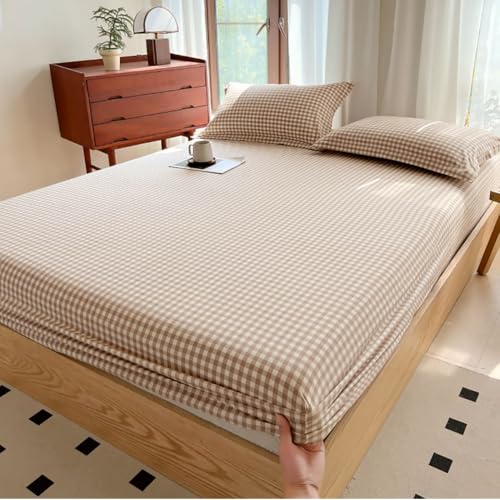 Tan Gingham Fitted Sheet Queen 100% Washed Cotton Taupe Plaid Queen Bed Sheet Grid Single Bottom Sheet with 15 Deep Pocket Gingham Bedding Grid Sheet 1 Piece Cotton Breathable Mattress Cover