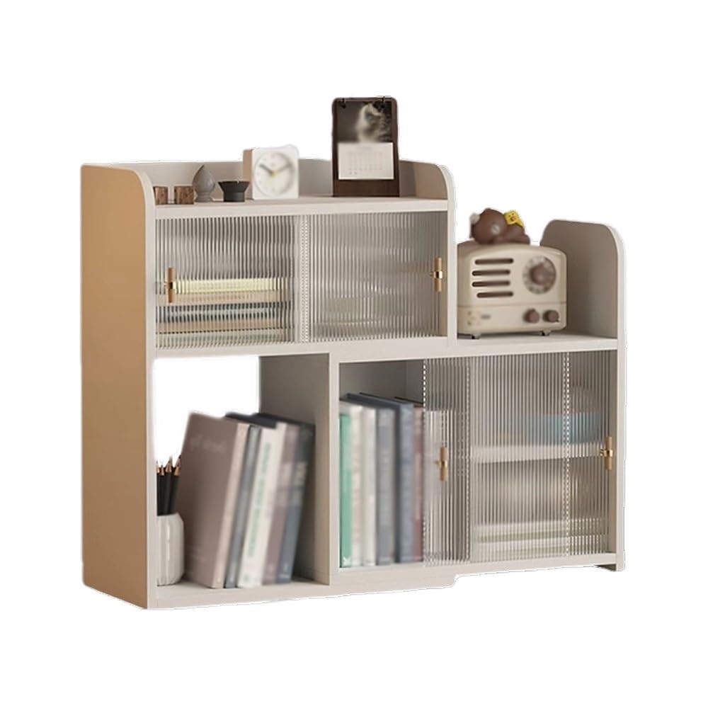 AYCDL Bookcase White with Density Board Desktop Bookshelf, 2 Tier Expandable Storage Rack, with Plastic Door File Organizer, for Office Home Kitchen Display Shelf