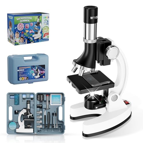 USCAMEL Microscopio Óptico 1200X para Niños   Kit Científico con Portaobjetos, Cuerpo Metal, LED y Maletín. Microscopio Compuesto Educativo   Regalo para Niños y Niñas