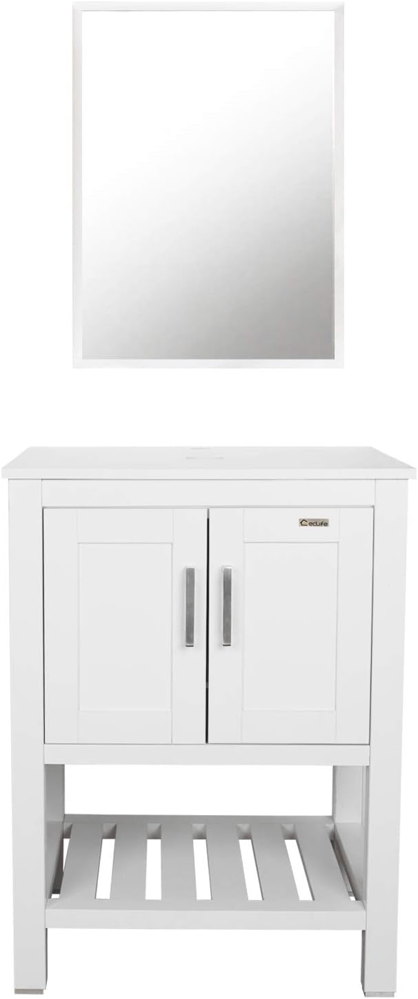 Lіmіtеd Dіѕсоunt eclife 24” White Bathroom Vanity Cabinet Modern Pedestal Cabinet Set Pedestal Stand Wood with Bathroom Vanity Mirror Soft Closing Cabinet Doors Set (Cabinet)