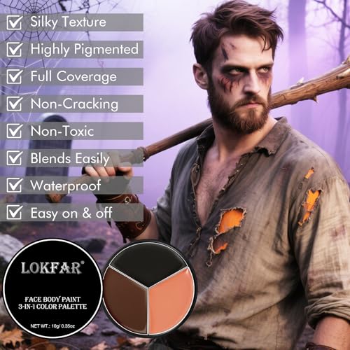 Black Brown Terracotta Face & Body Paint - Blendable Facepaint Foundation with Sponge & Brush for Skin, Professional Halloween Face Make-up Kit for Wolf Werewolf Tiger Deer Lion Beard Cosplay Costume - Thumbnail 5
