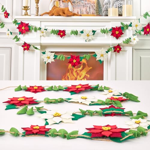 PAPER JAZZ Christmas Poinsettia Garland with White Red Artificial Flowers,11.4ft