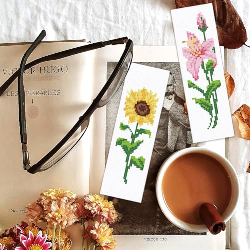 Image of BEUNITONE 6 Pcs Flower Bookmark Cross Stitch Kits DIY Stamped Embroidery Bookmark Kit for Adults Beginner with Instructions Vivid Floral Cross Stitch Kits for DIY Crafts Book Lovers Gifts 2.4x8 in