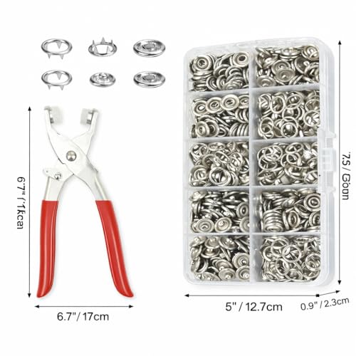 Image of Snap Button Fastener Kit with Plier Tool, Silver | 100 Sets Metal Snap Buttons, Stainless Steel Press Stud, For Clothing, Leather, DIY Craft, Repair, Storage Box