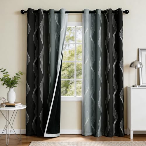 Image of MYSKY HOME Black and Greyish White 95% Blackout Ombre Curtains 84 inch Long 2 Panels for Living Room Bedroom Decorative Patterned Black Out Thermal Insulated Geometric Grommet Drapes, 52 inch W Each Panel