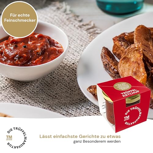 Die Trüffelmanufaktur - Trüffel Ketchup mit 7% echtem schwarzen Trüffeln, Deluxe Tomaten Trüffelketchup für leckere, knackige Pommes oder saftige Steaks, Spareribs, Rippchen, Bratwurst, Glas á 110 g