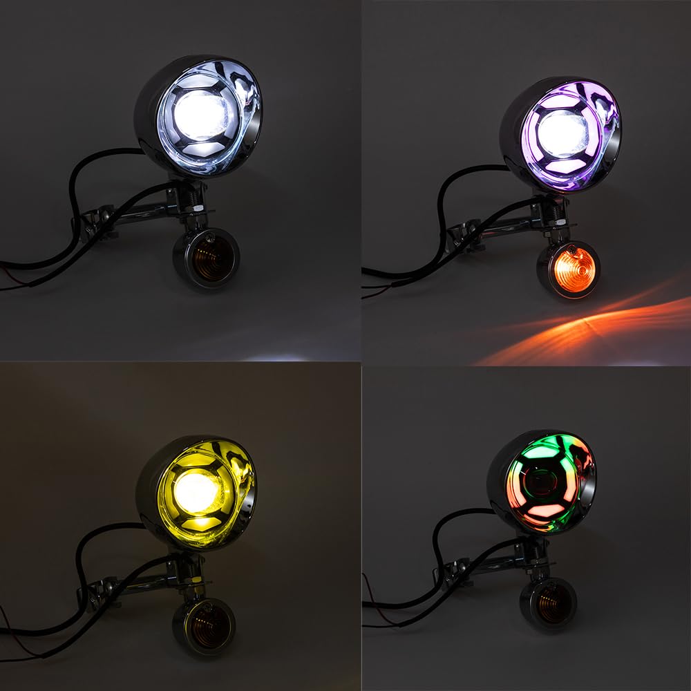 Faro anabbagliante per moto, indicatore di direzione con supporto per cruiser, chopper, cafe racer e moto custom. Gruppo ottico supplementare. (Guscio giallo)