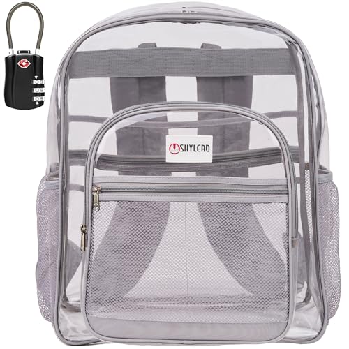 Image of SHYLERO Clear Backpack Heavy Duty has TSA Lock, 2-WAY Zipper. PVC Transparent Backpack Is Extra Large - H18''xW14''xD8 - Light Gray
