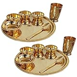 INDIAN ART VILLA Brass Dinner Set, Hammered Design, 7 Pieces, Gold Color, Thali Set with Plate, Glass, Spoon, Small Plate and 3 Bowls, Dinnerware and Tableware, Set of 2