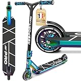 CONFORT ERGONOMIQUE : Les poignées TPR de 150 mm sont antidérapantes, absorbent les vibrations et offrent une prise en main sûre lors de sessions intenses. La barre ergonomique en Y assure l'équilibre et le contrôle, idéale pour les enfants, les adolescents et les adultes. Le scooter robuste peut supporter jusqu'à 100 kg et convient pour le street riding, les tricks en parc et les manœuvres de stunt dynamiques.'