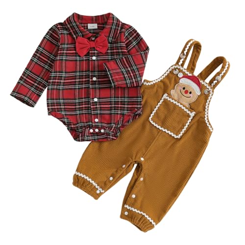 Socutebabe My First Christmas Baby Boy Outfit Infant Plaid Oneise Shirt Gingerbread Overalls Pants Newborn Outfits Clothes (Christmas Gingerbread Red 3-6 Months)