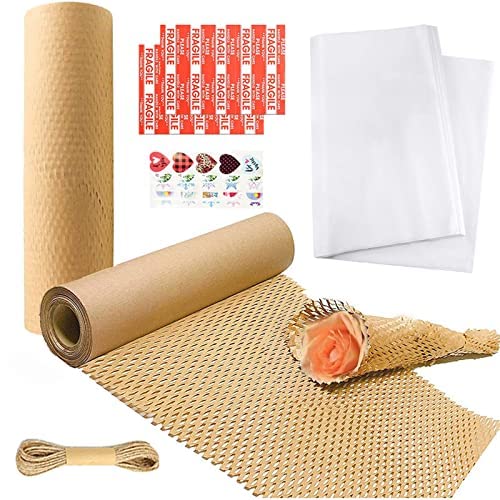 JJWNMLL Wabenpapier Verpackung, 30 cm x 30 m, umweltfreundliche Schutzverpackung mit 20 m Hanfseil und 20 Aufkleber-Etiketten, 20 weißes Seidenpapier