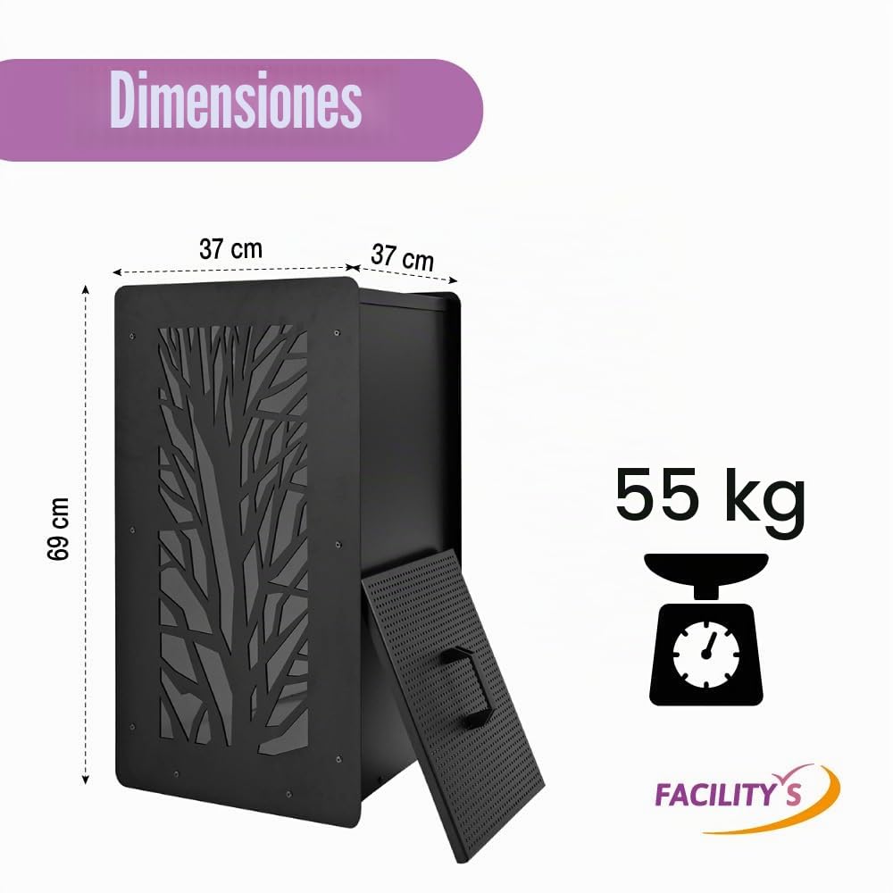 FACILITYS Depósito de Pellets para Estufa de Pellets, Capacidad 55 kg, Cofre para Pellets 37 x 37 x 69 cm - Cristal Acrílico Árbol, Tamiz Integrado