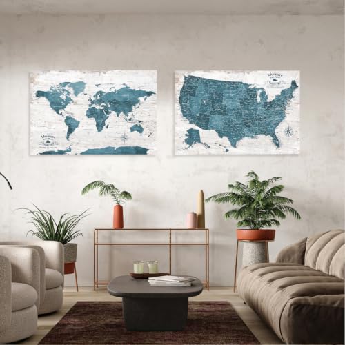 Image of IPIC Antique Blue World Map Pin Board and USA Map, Set of 2, Size 42x28 in