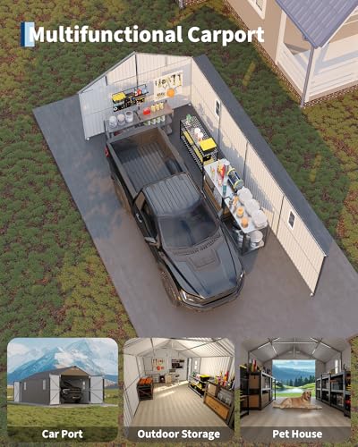 Image of GarveeLife 12x25 ft Metal Carport, Enclosed Car Port with Vertical Steel Roof for All-Weather Use, Metal Garage Shed with Man Door for Sedans & SUV, Gray