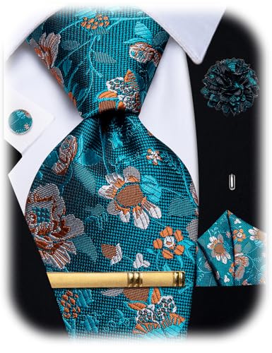 Image of YourTies Silk Paisley Floral Tie and Pocket Square Cufflinks with Lapel Pin Sets for Men 5PC Wedding Party
