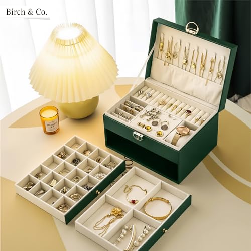 Image of Birch & Co. Jewellery Box - 3 LayerJewellery organizer storage box, Portable Travel-Friendly Storage. Elegant Storage Case for Rings, Earrings, Necklaces & Bracelets, Green