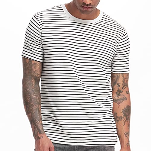VEIISAR Men's Crewneck Striped T-Shirt Soft Elastic Cotton Tees