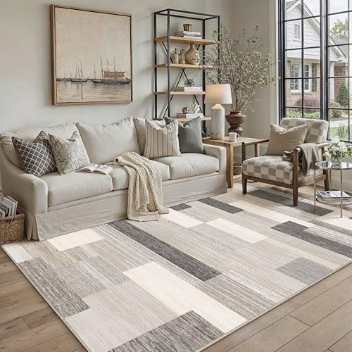 PureCozy Teppich Wohnzimmer 160x230cm Beige Schlafzimmer Wohnzimmerteppich Waschbar Moderne Weich Carpet rutschfest Teppiche Esszimmer BüRo Kurzflor Groß Rug Geometrisches Patchwork