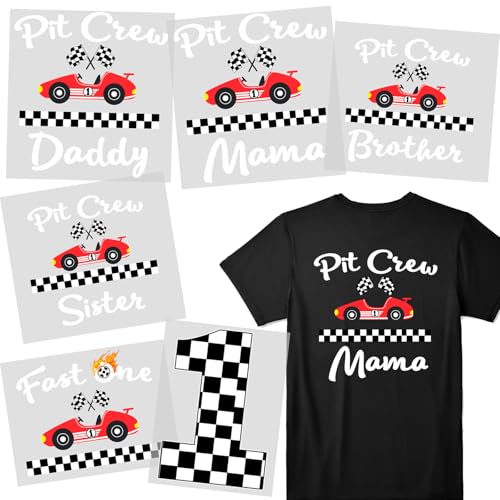6 Sheets Fast One Pit Crew Iron on Heat Press Decals Stickers,First Birthday Racecar Themed HTV Heat Transfer Vinyl Letter Patches for 1st Bday T Shirt Party Decorations Supplies