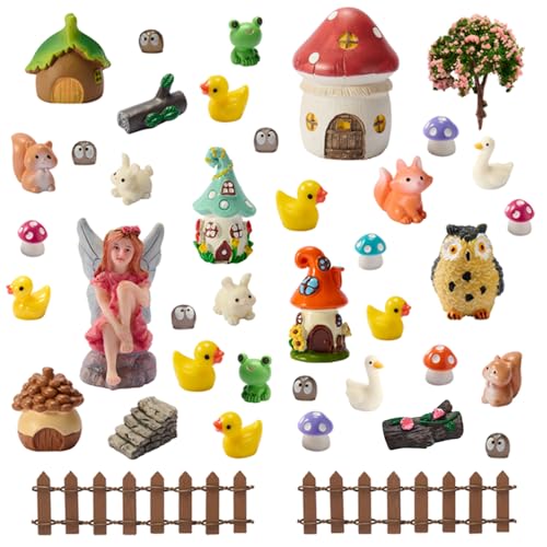 Rosjoy 40Pcs Outdoor Miniature Fairy Garden Accessories Kit with Fairy House & Mini Resin Animals - Miniature Garden Decor Gifts for DIY Micro-Enthusiasts