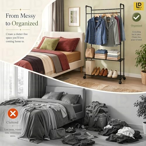 Image of LEOPAX Premium Cloth Rack Stand for Clothes | Double Rod Garment Rack with Shelves & Wheels, Heavy Duty Metal Clothes Organizer, Portable Wardrobe Hanger Stand for Bedroom, Living Room & Closet