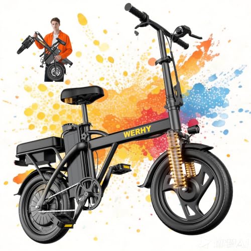 WERHY Electric Bike for Adults, 500W Electric Foldable Bike, 20/30 Miles 20MPH E-Bike with 48V Removable Battery, 14" Tire Ebike with Front Dual Suspension
