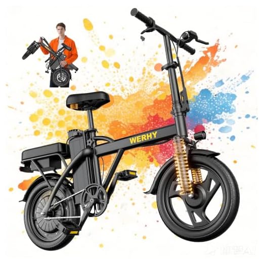 WERHY Electric Bike for Adults, 500W Electric Foldable Bike, 20/30 Miles 20MPH E-Bike with 48V Removable Battery, 14" Tire Ebike with Front Dual Suspension