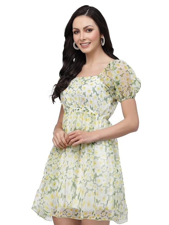 Image of Women Floral Organza Skater Dress Fit & Flare Short Dress Knee Length,Sizes S-XXL