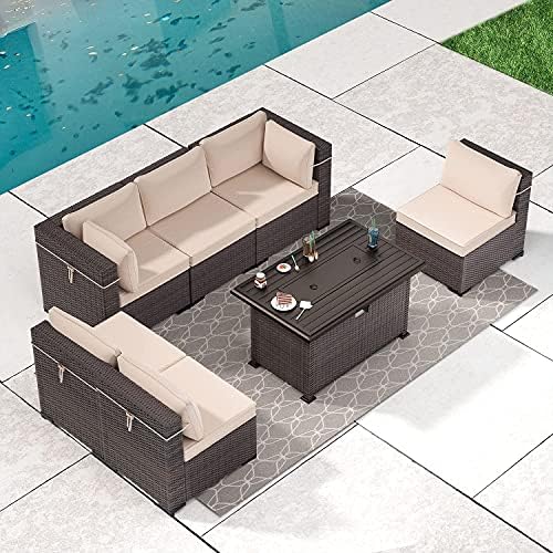 Gotland 7 Piece Outdoor Patio Furniture Sets with Propane Gas Fire Pit