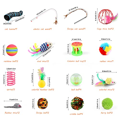 Oziral Cat Toys Set 32 Pcs Kitten Toys Assortments Including 2 Way Black Tunnel Cat Feather Teaser Wand Sisal Mice Bell Balls Crinkle Balls Interactive Cat Toys For Indoor Cats Kitten #TOP2