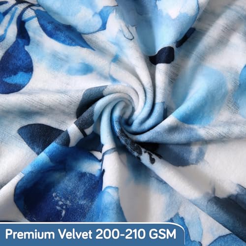 Image of HOKIPO Premium Printed Velvet Elastic Dining Bench Cover, Blue Azure Botanical (AR-5798-D8)