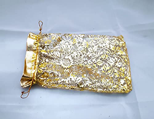 Image of 6 Inch x 8 Inch Net Fabric Drawstring Pouch for Dry Fruits Packing, Organza Shagun Potli, Bags for Return Gifts Pack, Pouches For Jewellery (Pack of 50, Gold)