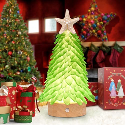 Sea Glass Christmas Tree,8.6 inches Mini Christmas Tree with Lights,Beach Nautical Themed Seaglass Christmas Tree for Table top,Decorations Indoor, Green Tree