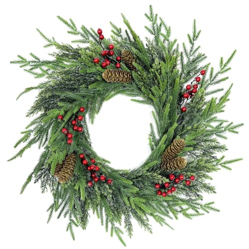 24 Inch Norfolk Pine Wreath for Front Door, Artificial Christmas Wreath
