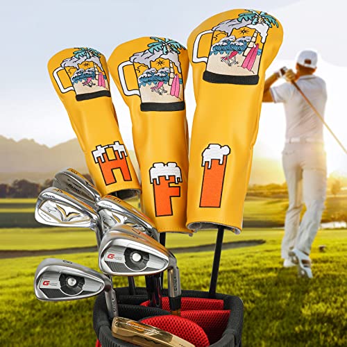 Craftsman Golf Club Headcover Beach Palm Tree Beer Mugs Style Yellow Golf Head Covers For Woods And Driver Hybrids #TOP23