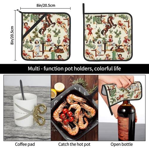 Hhyii Western Girl Riding Horse Cactus Vintage Pot Holders For Kitchen,Heat Resistant Pot Holders Sets Oven Hot Pads Terry Cloth Pot Holders For Cooking Baking 2Pcs, Multicolor, One Size #TOP7