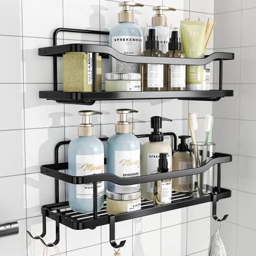 2-Pack Adhesive Shower Caddy, Shower Shelf, No Drilling Rustproof Stainless Steel OMAIRA Shower Organizer for Inside Shower & Kitchen Storage (Matte Black)