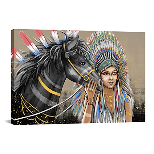 Indian Paintings For Wall Decorations Native American Women With Horse Print On Canvas Chief Vintage Picture Wall Art For Living Room Bedroom Frame Ready To Hang 24"X36" #TOP12