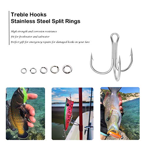 Alloypro Pack Of 250Pcs Fishing Stainless Steel Split Rings And Fishing Treble Hooks Kit. Split Ring Capable Of Withstanding Large Tensile Force,High Carbon Steel Hooks For Hard Bait Lures Fishing #TOP6